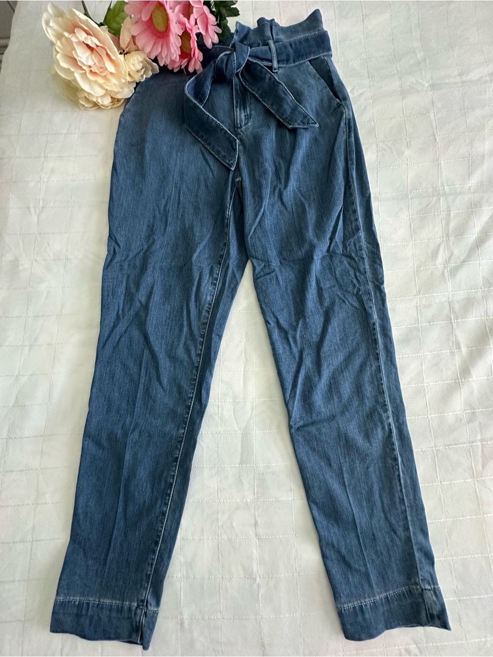 WHBM High-Rise Paperbag Waist Blue Denim Jeans with Tie Belt